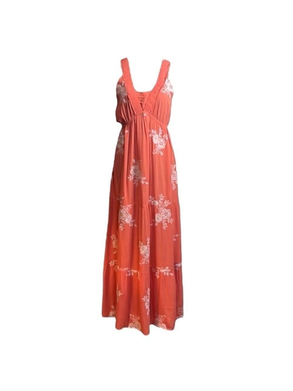 Coral Embroidered Maxi Dress Women's Size Medium V-Neck Elastic Waist Blue Rain - Picture 2 of 9
